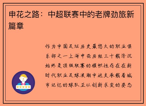 申花之路：中超联赛中的老牌劲旅新篇章