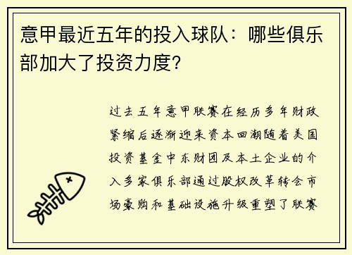 意甲最近五年的投入球队：哪些俱乐部加大了投资力度？