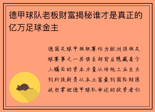 德甲球队老板财富揭秘谁才是真正的亿万足球金主